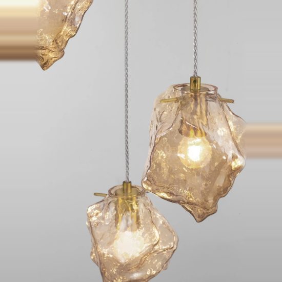 Lampadario per cucina moderno a sospensione ambra e oro ottone 3 luci
