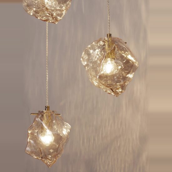Lampadario per cucina moderno a sospensione ambra e oro ottone 3 luci