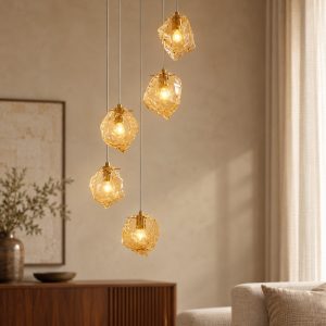 Lampadario moderno a sospensione ambra e oro ottone per soggiorno 5 luci