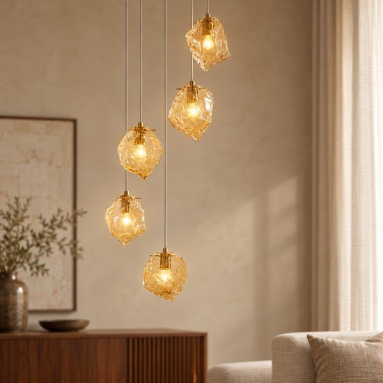 Lampadario moderno a sospensione ambra e oro ottone per soggiorno 5 luci