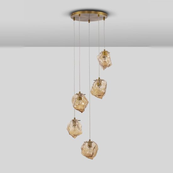 Lampadario moderno a sospensione ambra e oro ottone per soggiorno 5 luci