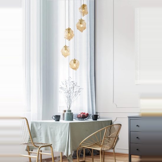 Lampadario moderno a sospensione ambra e oro ottone per soggiorno 5 luci