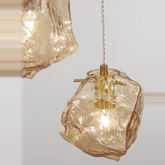 Lampadario moderno a sospensione ambra e oro ottone per soggiorno 5 luci