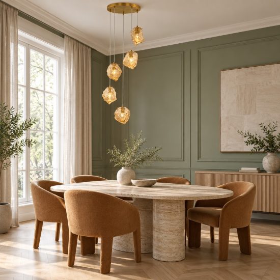 Lampadario moderno a sospensione ambra e oro ottone per soggiorno 5 luci