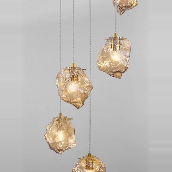 Lampadario moderno a sospensione ambra e oro ottone per soggiorno 5 luci