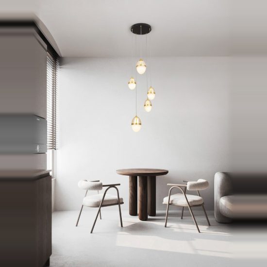 Lampadario cognac oro e opale per soggiorno led 59w 3000k 5 luci