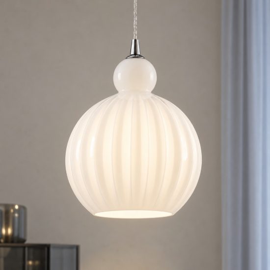 Lampadario moderno globo opale e cromo vetro a sospensione