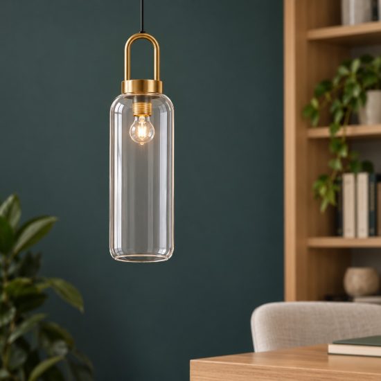 Lampada sferica trasparente e oro ottone vetro a sospensione