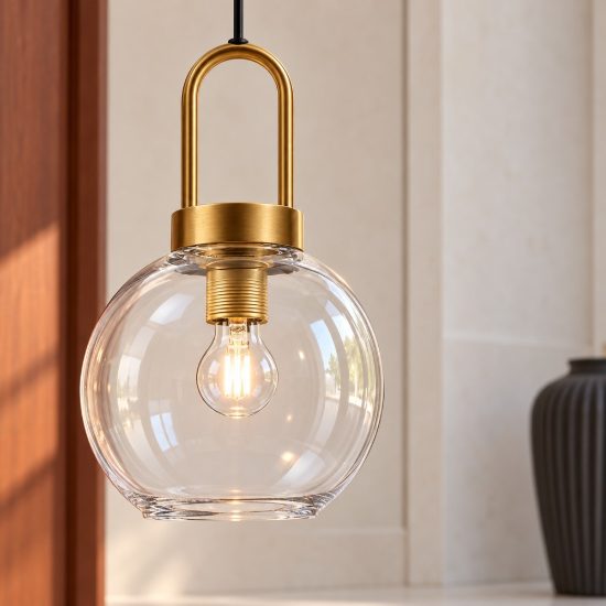 Lampada per cucina sferica trasparente e oro ottone vetro a sospensione