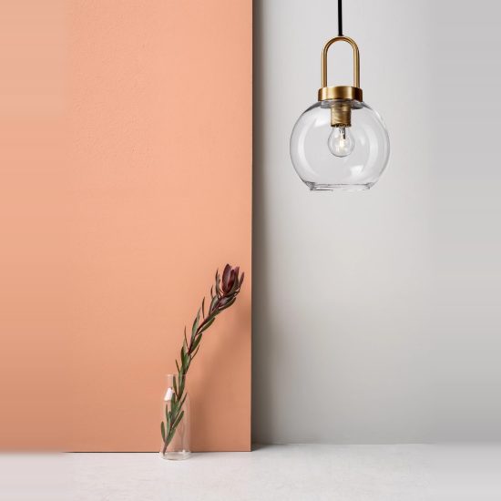 Lampada per cucina sferica trasparente e oro ottone vetro a sospensione