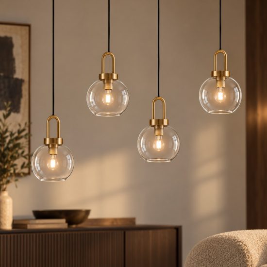 Lampadario per cucina contemporanea trasparente e oro ottone a sospensione 4 luci