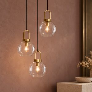 Lampadario per soggiorno contemporaneo vetri trasparente oro ottone a sospensione 3 luci