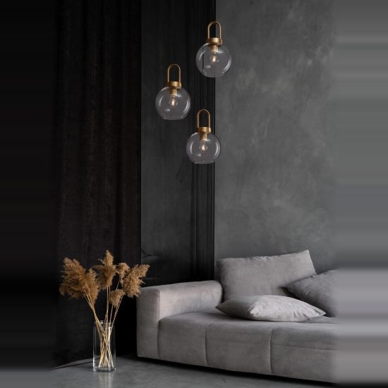 Lampadario per soggiorno contemporaneo vetri trasparente oro ottone a sospensione 3 luci