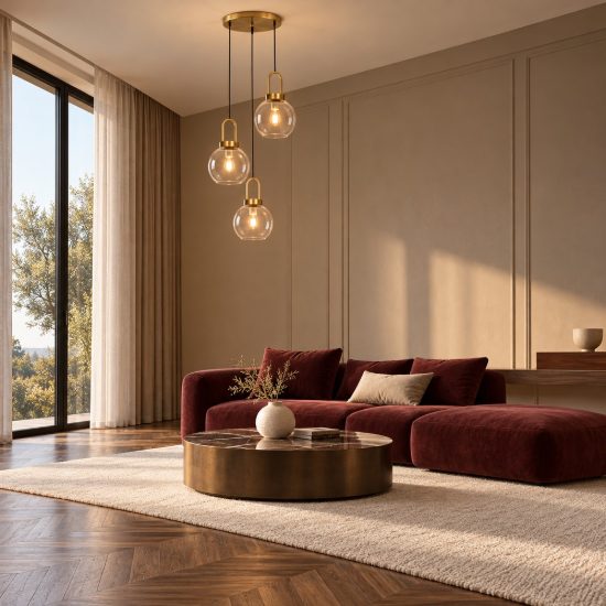 Lampadario per soggiorno contemporaneo vetri trasparente oro ottone a sospensione 3 luci