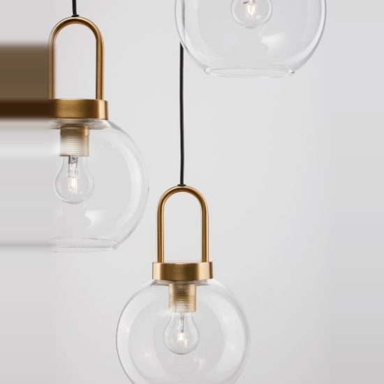 Lampadario per soggiorno contemporaneo vetri trasparente oro ottone a sospensione 3 luci
