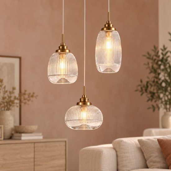 Lampadario 3 luci a sospensione per camera da letto moderno trasparente e oro vetro