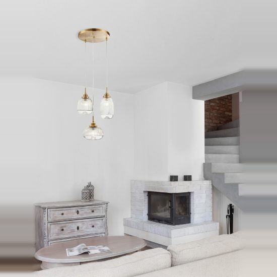 Lampadario 3 luci a sospensione per camera da letto moderno trasparente e oro vetro