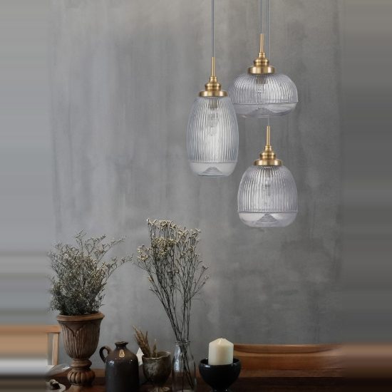 Lampadario 3 luci a sospensione per camera da letto moderno trasparente e oro vetro
