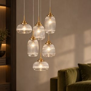 Lampadario 6 luci a sospensione contemporaneo trasparente e oro vetro per soggiorno