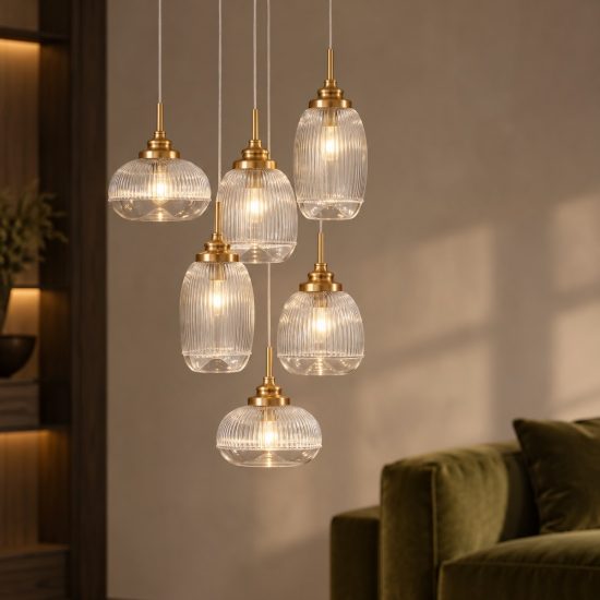 Lampadario 6 luci a sospensione contemporaneo trasparente e oro vetro per soggiorno
