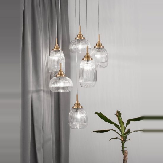 Lampadario 6 luci a sospensione contemporaneo trasparente e oro vetro per soggiorno