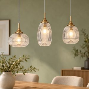 Lampadario 3 luci a sospensione per cucina moderno trasparente e oro vetro