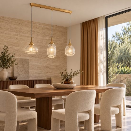 Lampadario 3 luci a sospensione per cucina moderno trasparente e oro vetro