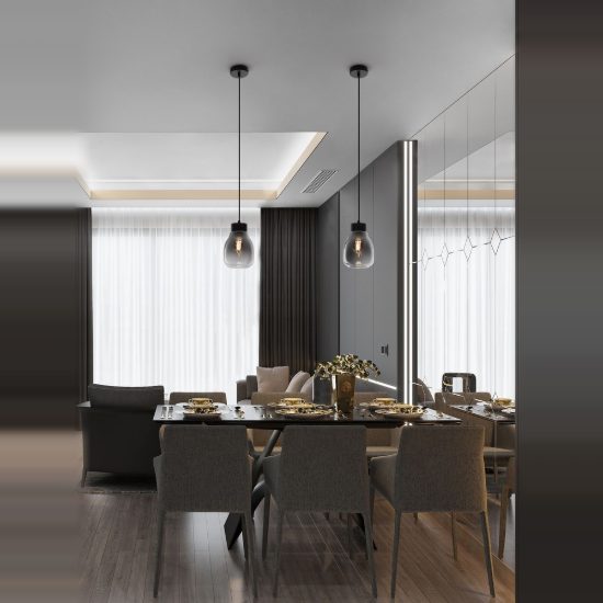 Lampada per cucina moderna a sospensione cilindro grigio fumé e nero vetro