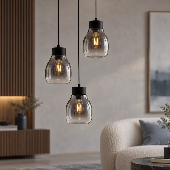 Lampadario per camera da letto moderna a sospensione grigio fumé e nero 3 luci