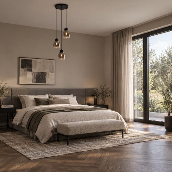 Lampadario per camera da letto moderna a sospensione grigio fumé e nero 3 luci