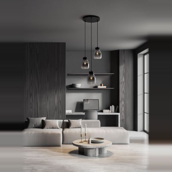 Lampadario per camera da letto moderna a sospensione grigio fumé e nero 3 luci
