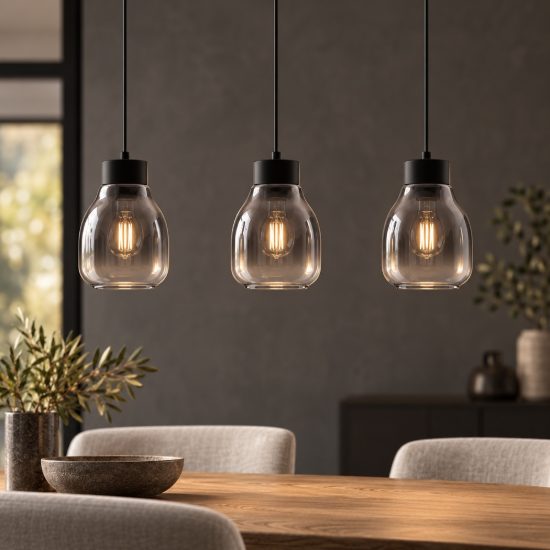 Lampadario per cucina moderno a sospensione grigio fumé e nero 3 luci