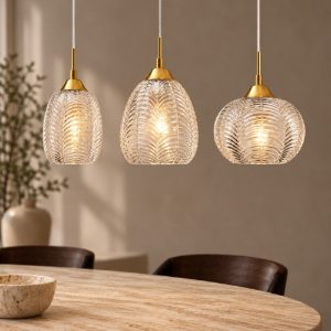 Lampadario 3 luci a sospensione per sala da pranzo trasparente e oro vetro