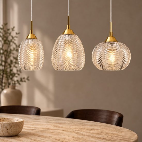 Lampadario 3 luci a sospensione per sala da pranzo trasparente e oro vetro