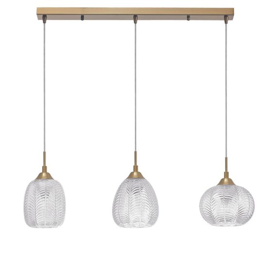 Lampadario 3 luci a sospensione per sala da pranzo trasparente e oro vetro