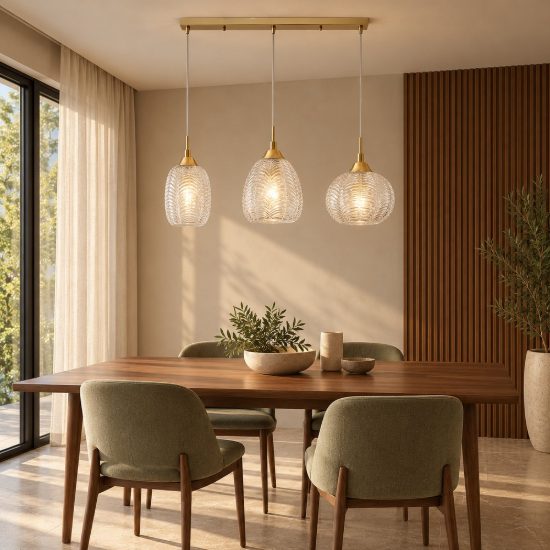 Lampadario 3 luci a sospensione per sala da pranzo trasparente e oro vetro