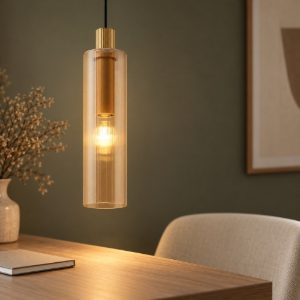 Lampada per comodini camera da letto a sospensione cilindro ambra e oro vetro