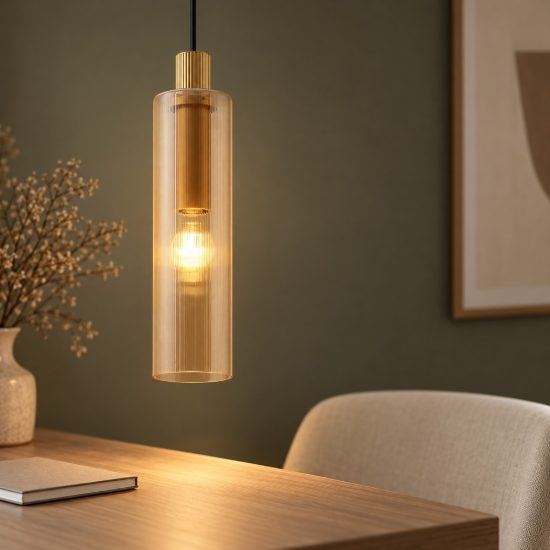 Lampada per comodini camera da letto a sospensione cilindro ambra e oro vetro