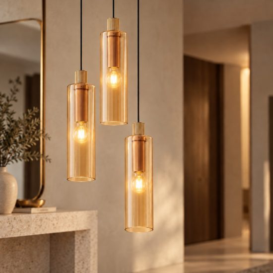 Lampadario 3 luci per cucina moderno a sospensione ambra e oro vetro