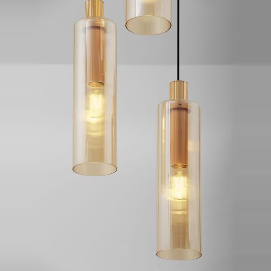 Lampadario 3 luci per cucina moderno a sospensione ambra e oro vetro