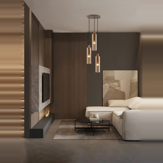 Lampadario 3 luci per cucina moderno a sospensione ambra e oro vetro