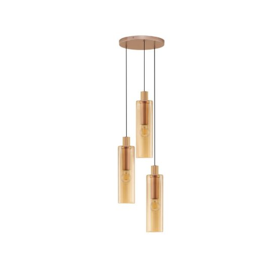 Lampadario 3 luci per cucina moderno a sospensione ambra e oro vetro