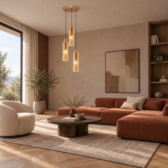 Lampadario 3 luci per cucina moderno a sospensione ambra e oro vetro