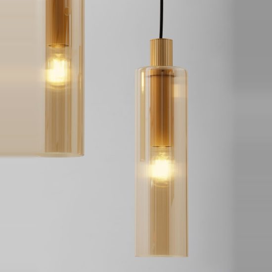 Lampadario 3 luci per cucina moderno a sospensione ambra e oro vetro