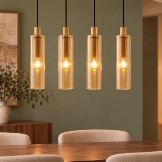 Lampadario 4 luci per cucina moderna a sospensione ambra e oro vetro
