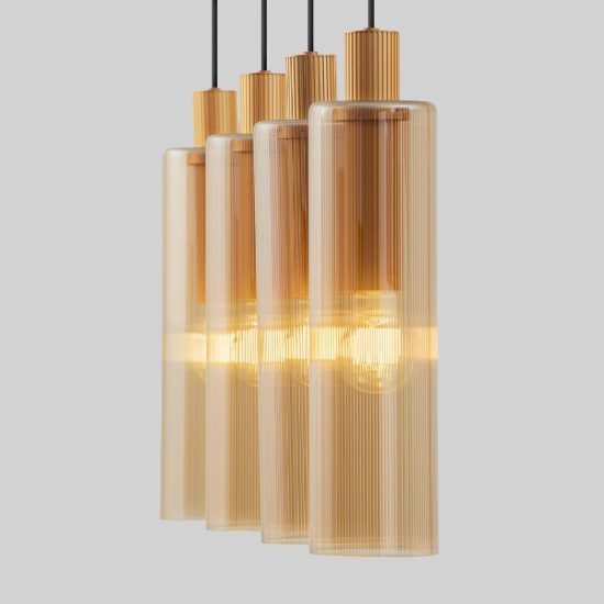 Lampadario 4 luci per cucina moderna a sospensione ambra e oro vetro