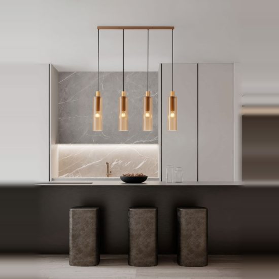 Lampadario 4 luci per cucina moderna a sospensione ambra e oro vetro