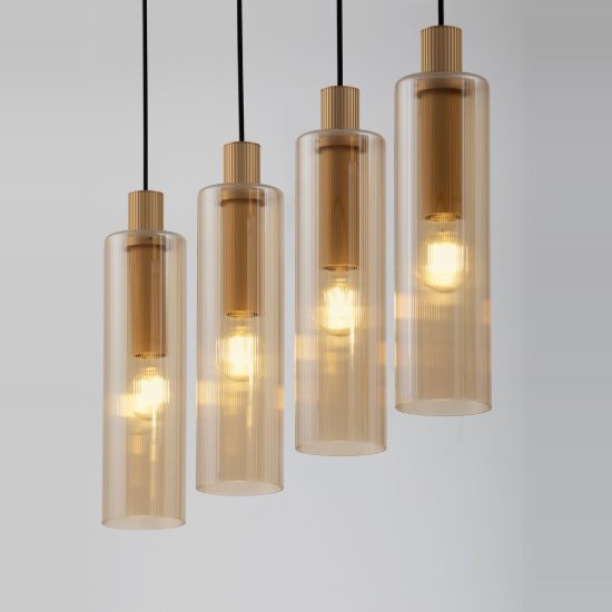 Lampadario 4 luci per cucina moderna a sospensione ambra e oro vetro