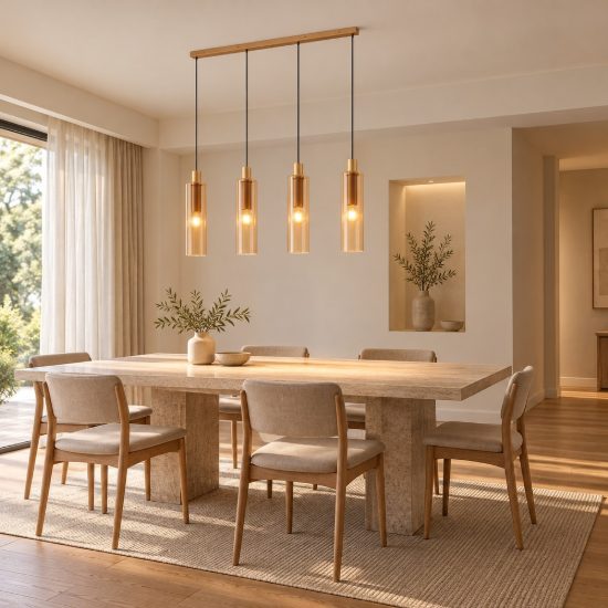 Lampadario 4 luci per cucina moderna a sospensione ambra e oro vetro