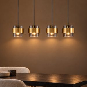 Lampadario a sospensione per cucina moderno nero e oro ottone 4 luci